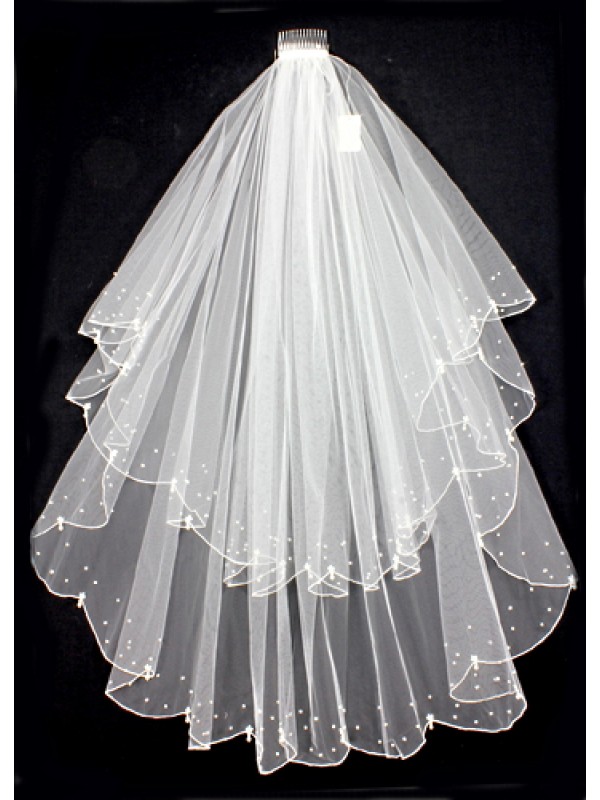 Veil - Pearl Embellishment - Multiple Layers with Finished Hem - 40" - VL-V127IV